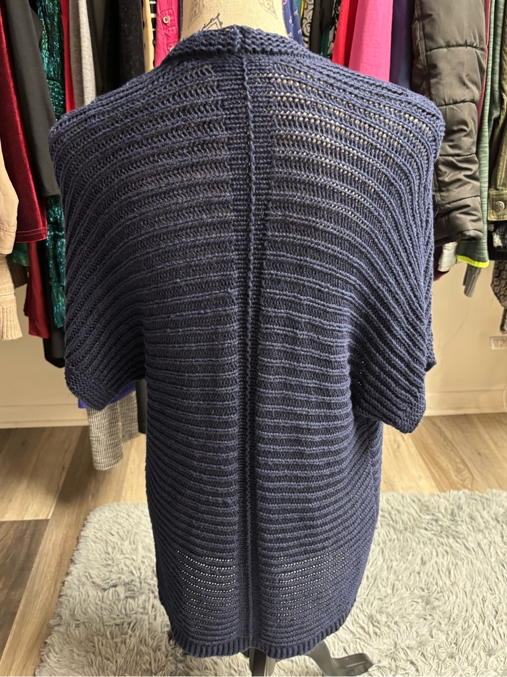 Talbots Navy Blue Short-Sleeve Open-Front Knit Cardigan Sweater - Picture 3 of 14